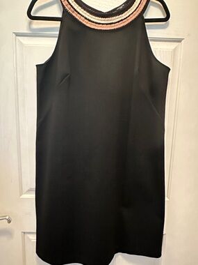 Black Knit Sleeveless Mini Dress Cream & Tan Neckline Size 14P